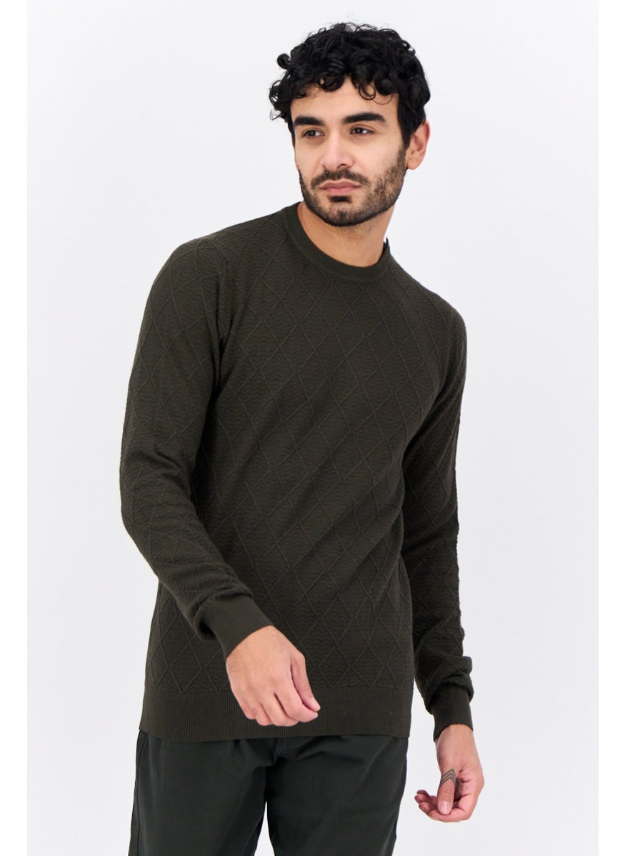 Men Crew Neck Textured Long Sleeves Sweatshirt, Dark Green