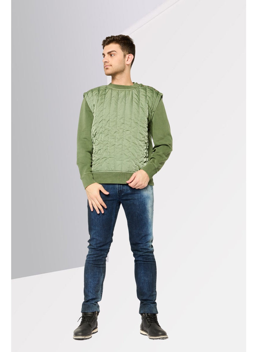 Men Crew Neck Long Sleeves Quilted Sweatshirt, Olive