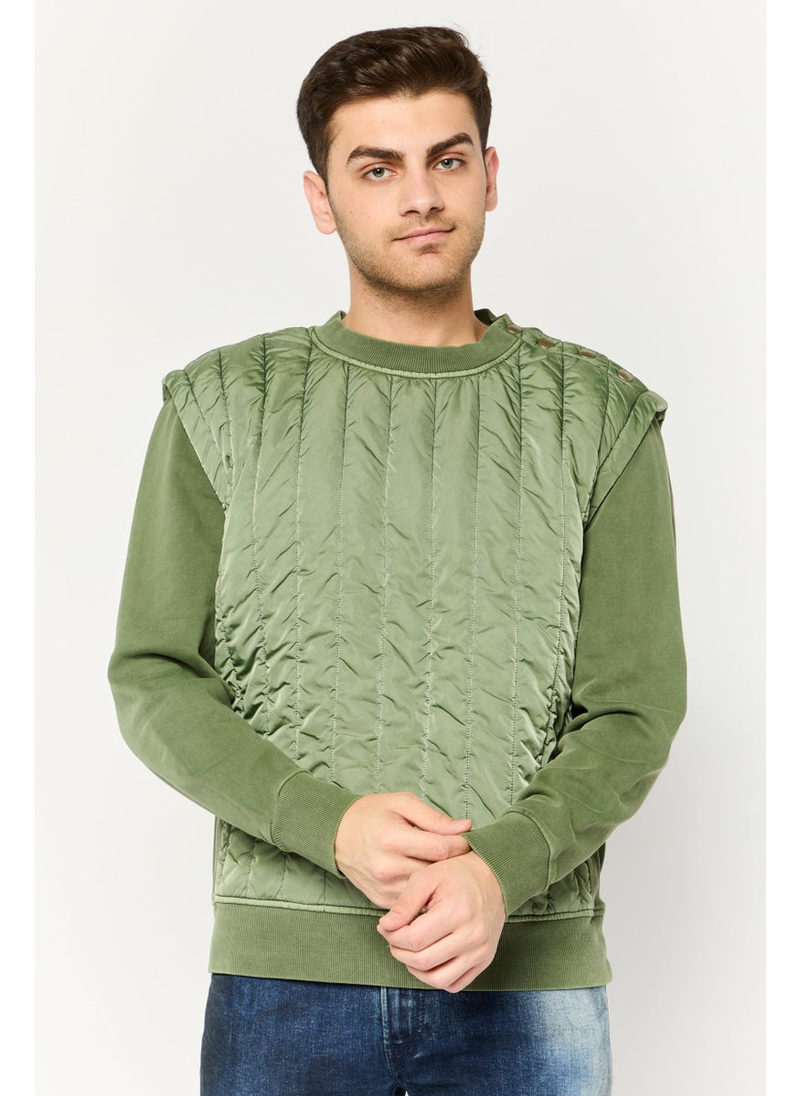 Men Crew Neck Long Sleeves Quilted Sweatshirt, Olive