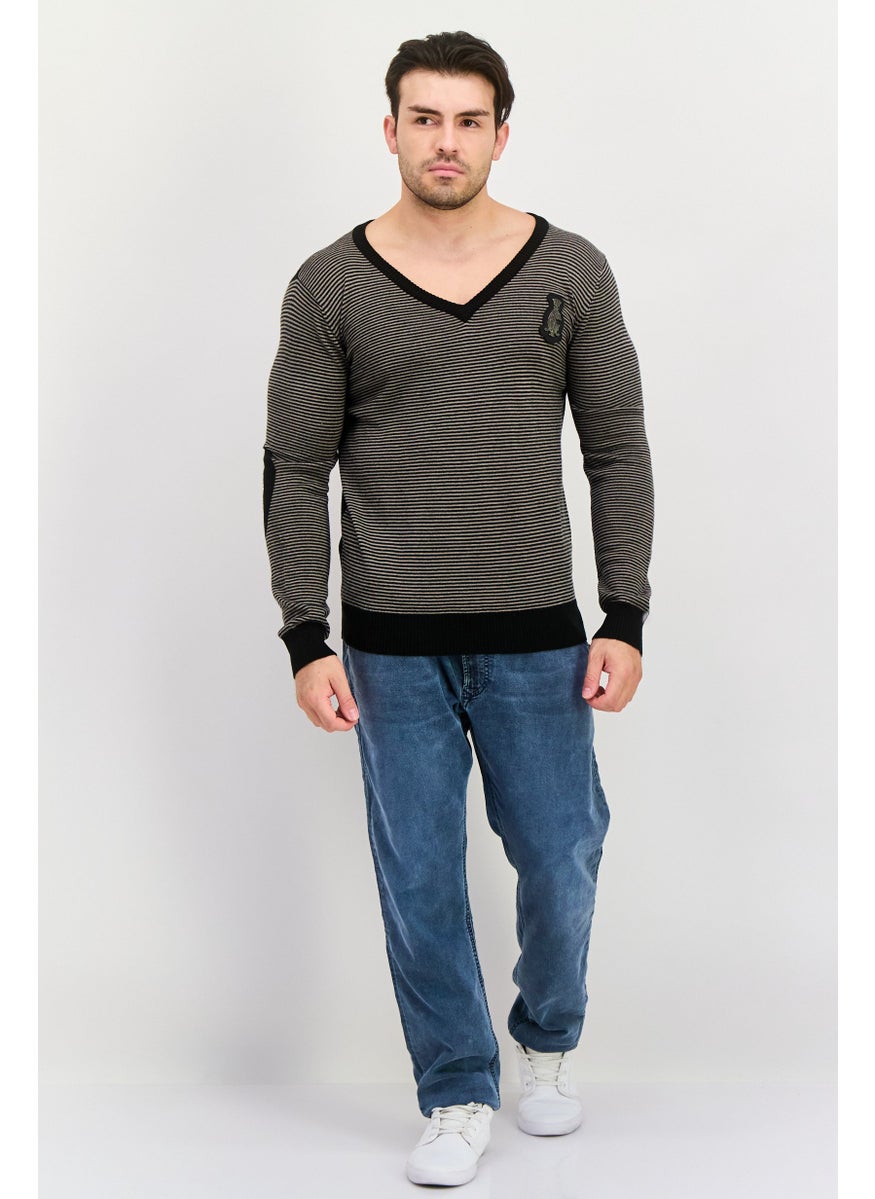 Men V Neck Stripe Long Sleeves Sweater, Black Combo