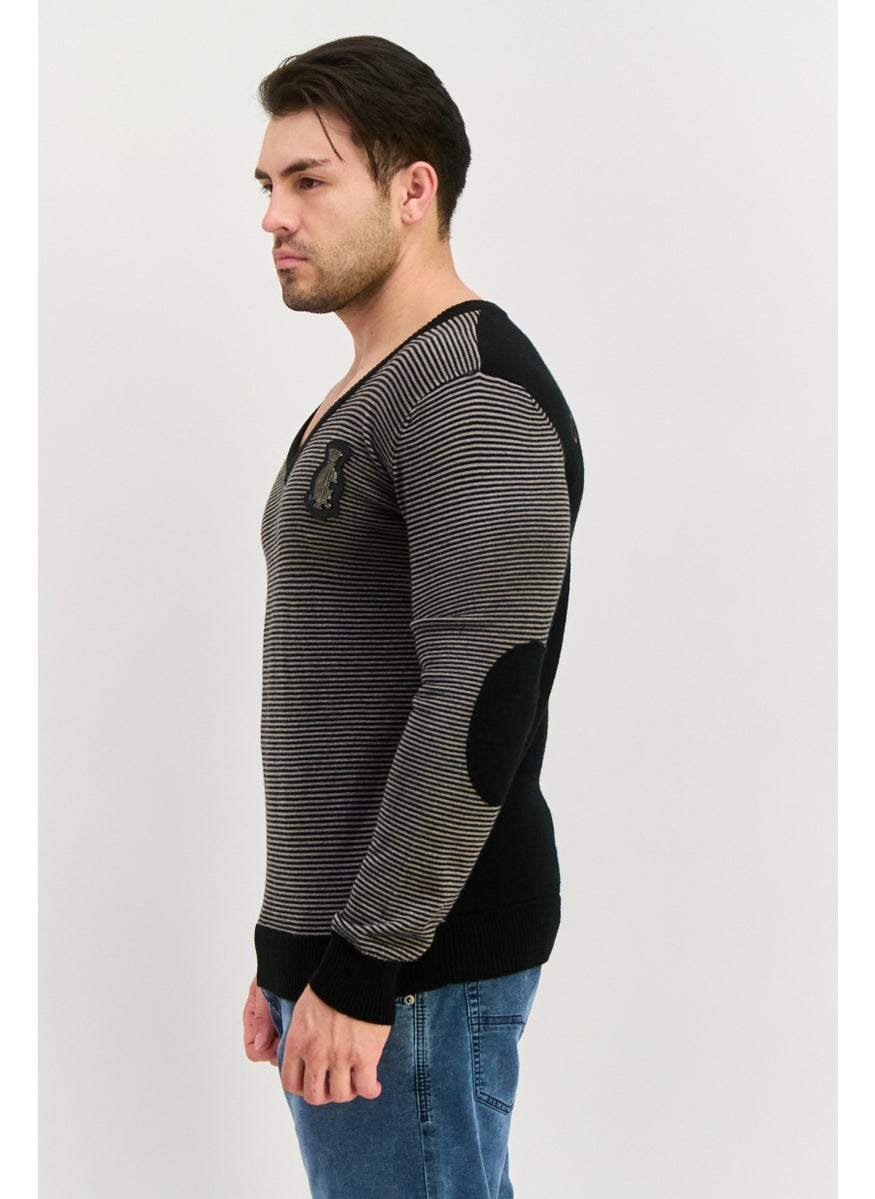 Men V Neck Stripe Long Sleeves Sweater, Black Combo