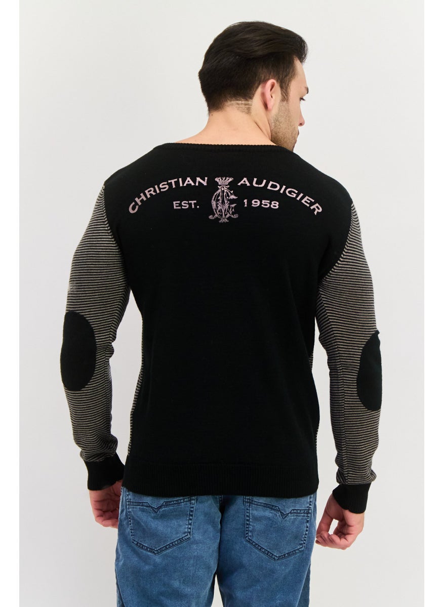 Men V Neck Stripe Long Sleeves Sweater, Black Combo