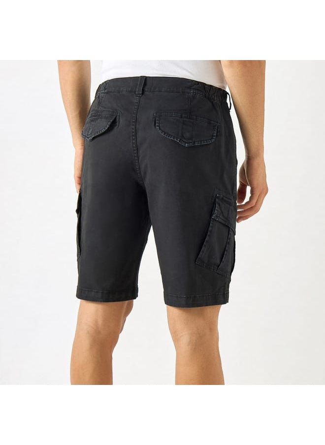 Ecko Unltd Solid Relaxed Fit Cargo Shorts with Button Closure