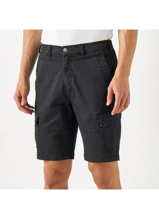 Ecko Unltd Solid Relaxed Fit Cargo Shorts with Button Closure