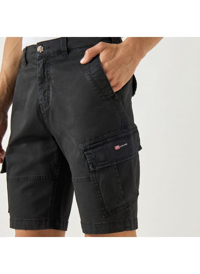 Ecko Unltd Solid Relaxed Fit Cargo Shorts with Button Closure