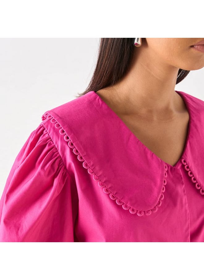 Iconic Solid Peplum Top with Peter Pan Collar and Tie-Up Detail