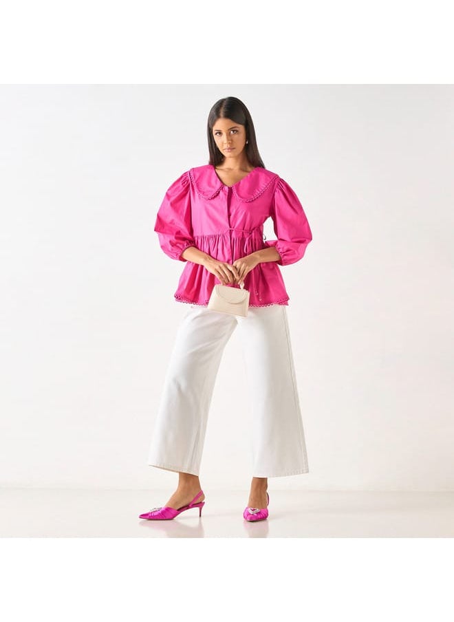 Iconic Solid Peplum Top with Peter Pan Collar and Tie-Up Detail
