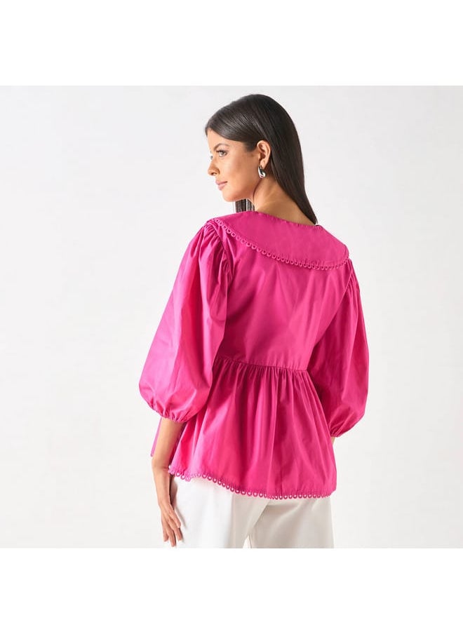 Iconic Solid Peplum Top with Peter Pan Collar and Tie-Up Detail