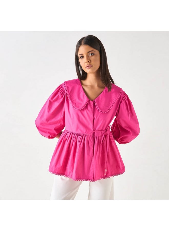 Iconic Solid Peplum Top with Peter Pan Collar and Tie-Up Detail