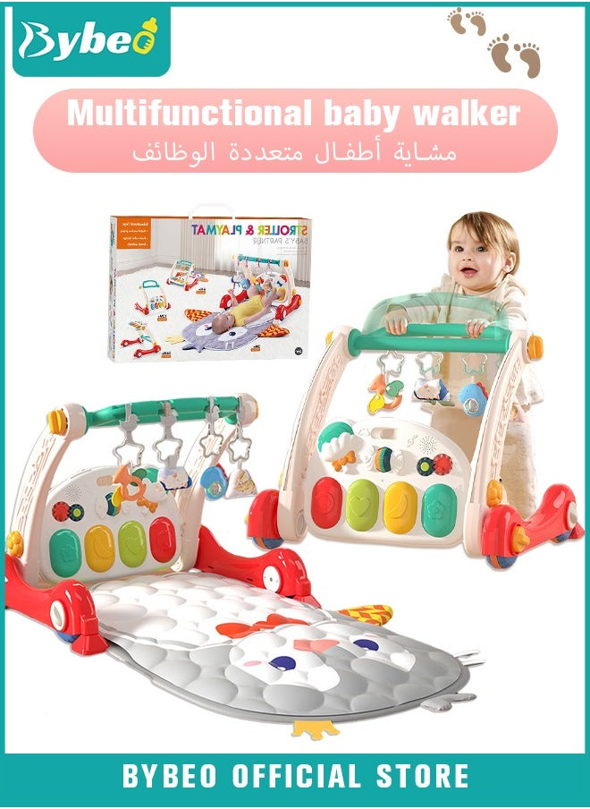 4 In 1 Baby Playmat u0026 Play Piano Gym With Walker, Learning Walking Stroller and Soft Infants Floor Activity Center, Musical Keyboard, Tummy Time