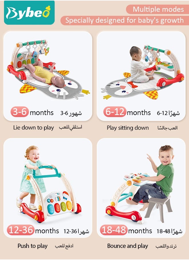 4 In 1 Baby Playmat u0026 Play Piano Gym With Walker, Learning Walking Stroller and Soft Infants Floor Activity Center, Musical Keyboard, Tummy Time