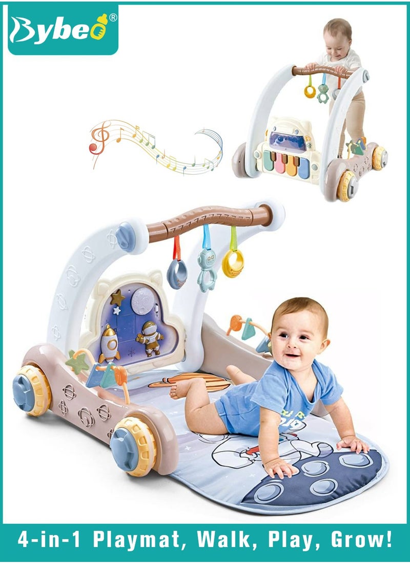 4 In 1 Baby Playmat, Infant Play Piano Gym Activity Center With Walker, Learning Walking Stroller, Tummy Time Play Mat, Baby Walker Fitness Rack With Musical Keyboard And Toys