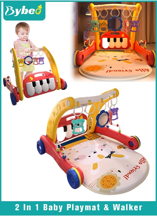 2 In 1 Baby Gym Playmat u0026 Play Piano Activity Center，Infant Walker, Learning Walking Stroller and Soft Fitness Rack, Musical Keyboard, Tummy Time