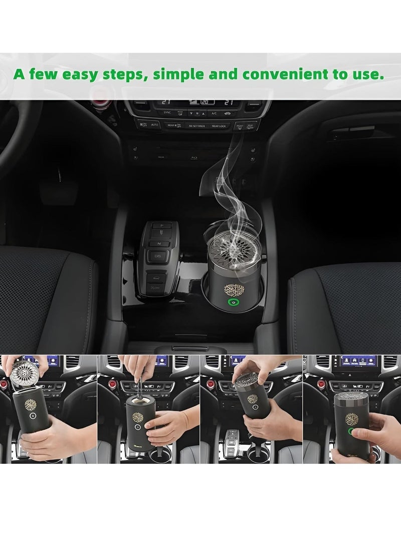 Car Bakhoor with Quran Speaker – Portable Arabian Electronic Aromatherapy Incense Burner, Rechargeable USB-C Quran Speaker, Ramadan Aroma Diffuser