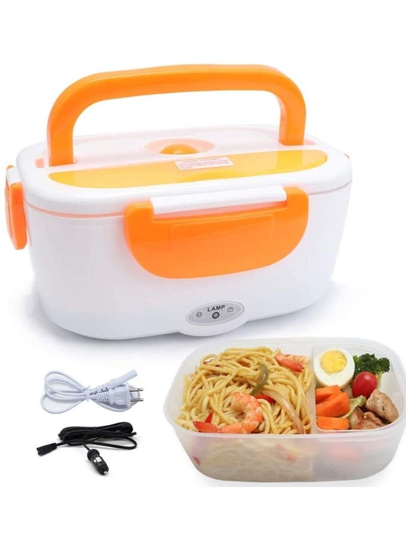 Electric Lunch Box 2 in 1, Portable Food Warmer Heating,Food-Grade Container, 12V 110V 40W Adapter, Car Truck Home Work Use, Spoon and 2 Compartments Included (orange)