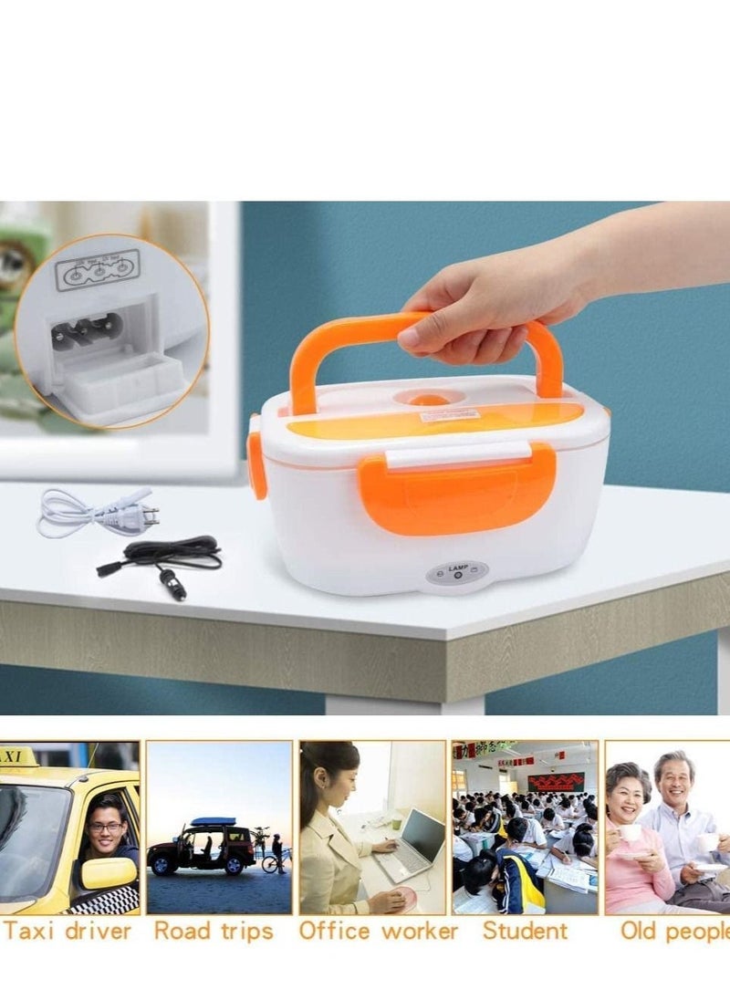 Electric Lunch Box 2 in 1, Portable Food Warmer Heating,Food-Grade Container, 12V 110V 40W Adapter, Car Truck Home Work Use, Spoon and 2 Compartments Included (orange)