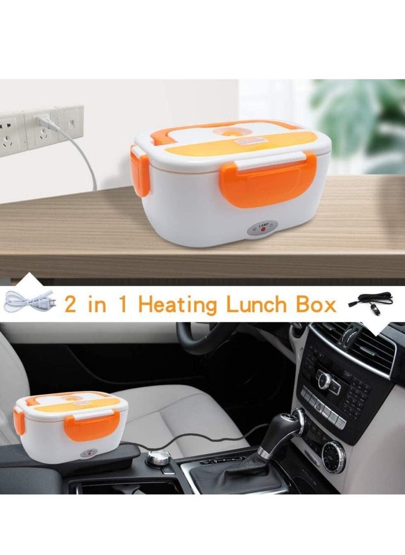 Electric Lunch Box 2 in 1, Portable Food Warmer Heating,Food-Grade Container, 12V 110V 40W Adapter, Car Truck Home Work Use, Spoon and 2 Compartments Included (orange)