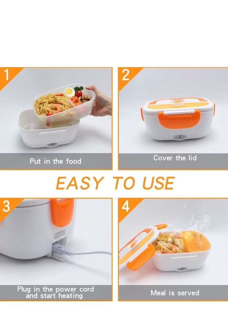 Electric Lunch Box 2 in 1, Portable Food Warmer Heating,Food-Grade Container, 12V 110V 40W Adapter, Car Truck Home Work Use, Spoon and 2 Compartments Included (orange)