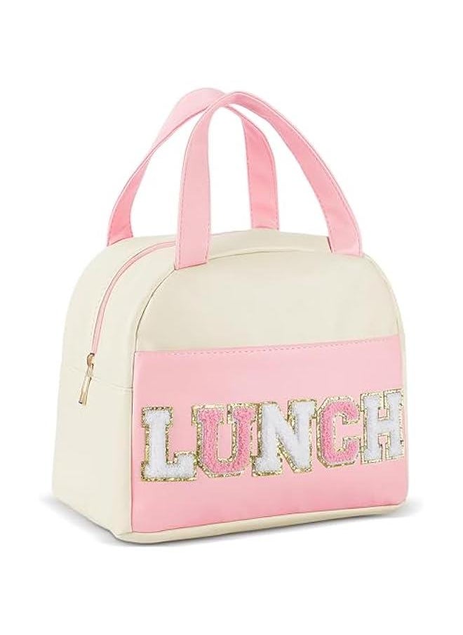 Insulated Lunch Bag for Women Teen Girls Kids Adults Large Lunch Box Preppy Cute Pink Lunch Bag with Letter Big Thermal Freezable Reusable Lunch Tote Bag Organizer for Picnic School Work