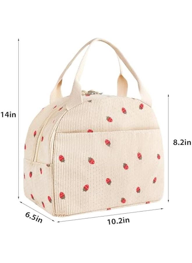 Insulated Lunch Bag for Women Teen Girls Kids Adults Large Lunch Box Preppy Cute Beige Corduroy Strawberry Lunch Bag Big Thermal Freezable Reusable Lunch Tote Bag for Picnic School Work