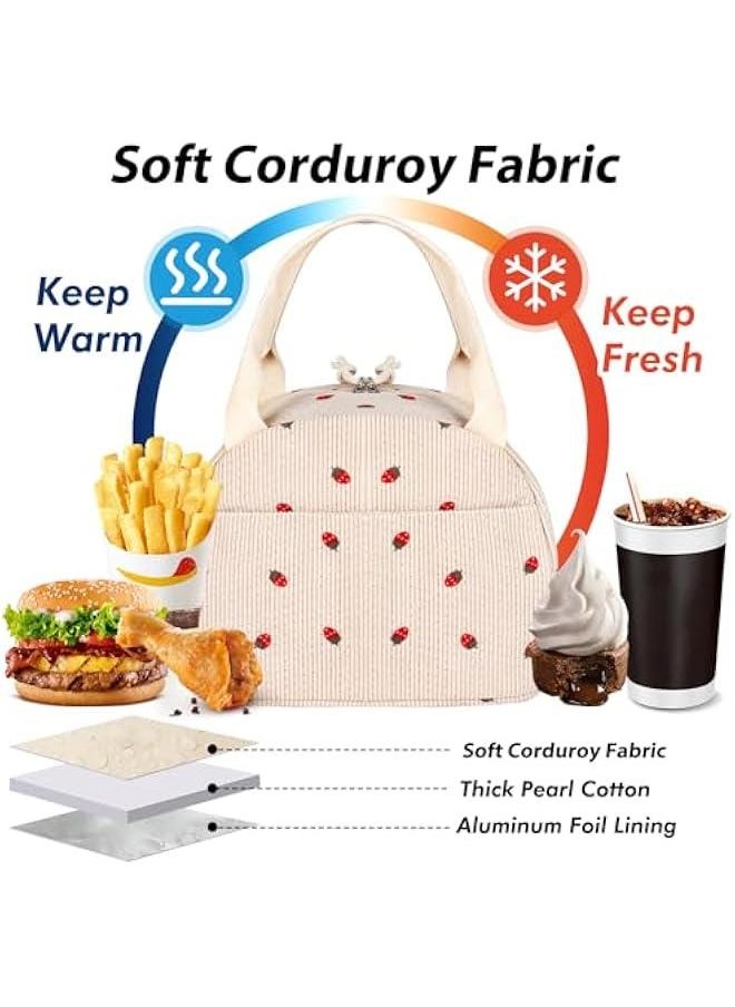 Insulated Lunch Bag for Women Teen Girls Kids Adults Large Lunch Box Preppy Cute Beige Corduroy Strawberry Lunch Bag Big Thermal Freezable Reusable Lunch Tote Bag for Picnic School Work