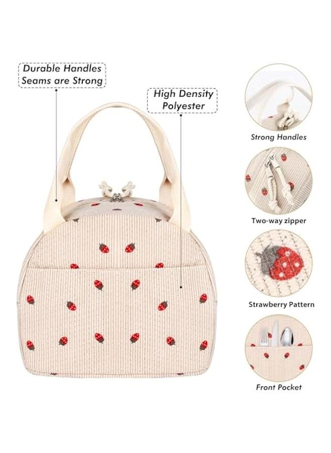 Insulated Lunch Bag for Women Teen Girls Kids Adults Large Lunch Box Preppy Cute Beige Corduroy Strawberry Lunch Bag Big Thermal Freezable Reusable Lunch Tote Bag for Picnic School Work