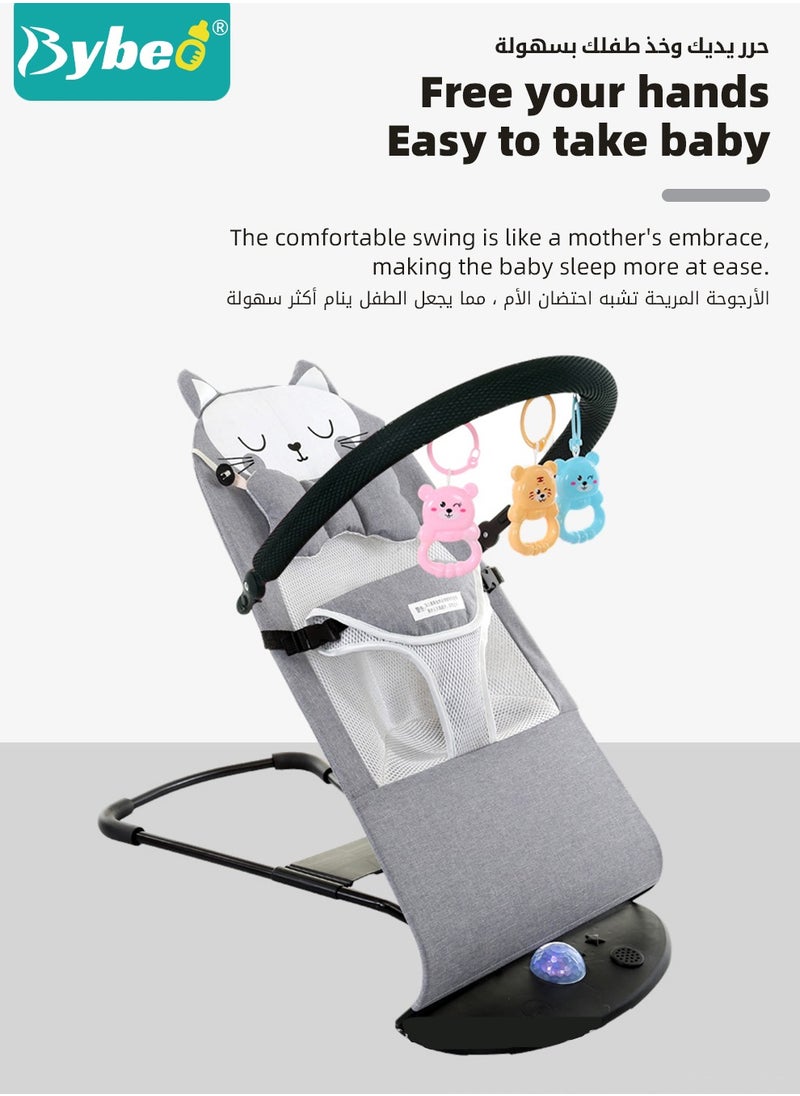 Baby Bouncer, Infant Rocker, Portable Baby Swing Chair, Durable Bouncer Seat, Infant Rocking Bouncer for Babies, with 3-Point Harness, 4 Adjustable Height, Mosques Net, Toy Rack