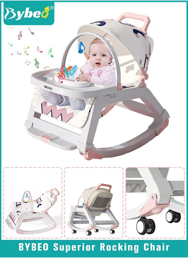 5 in 1 Multifunctional Baby Rocking Chair, Babies Rocker and Booster Seat, Dining Chair for Kids, Toddler Stroller With Sunshade Shed, Music and Hanging Toys