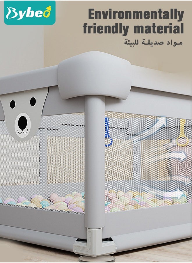 Baby Playpen Fence With Playmat, Infant Indoor And Outdoor Kids Activity Center With 50 Pieces Ocean Balls, 3 Toys, 120x150 cm