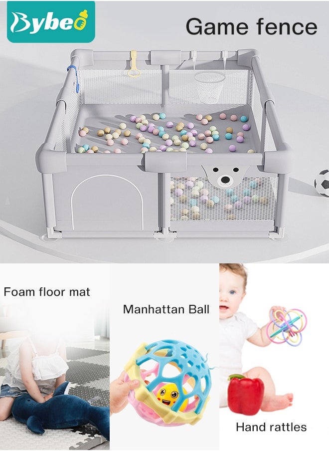 Baby Playpen Fence With Playmat, Infant Indoor And Outdoor Kids Activity Center With 50 Pieces Ocean Balls, 3 Toys, 120x150 cm