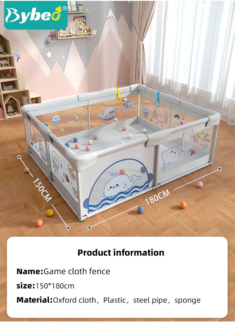 Baby Playpen Fence, Portable Babies Playards for Toddlers, Safety Infant Activity Center,  Sturdy Play Area, with 2 Pull Rings, 60 Marine Balls and Storage Bag, 150x180cm