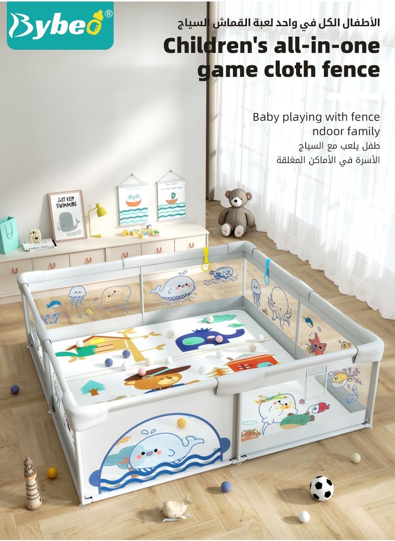 Baby Playpen Fence, Portable Babies Playards for Toddlers, Safety Infant Activity Center,  Sturdy Play Area, with 2 Pull Rings, 60 Marine Balls and Storage Bag, 150x180cm