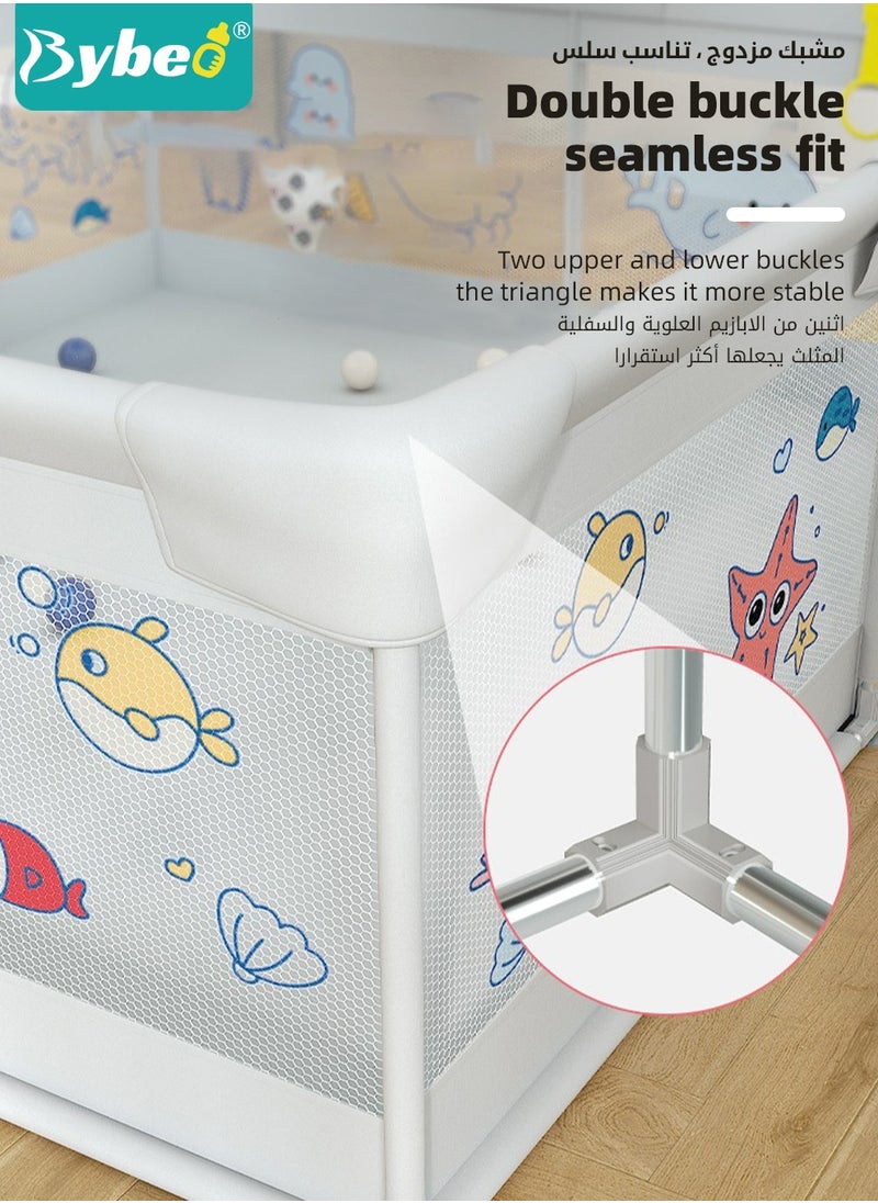 Baby Playpen Fence, Portable Babies Playards for Toddlers, Safety Infant Activity Center,  Sturdy Play Area, with 2 Pull Rings, 60 Marine Balls and Storage Bag, 150x180cm