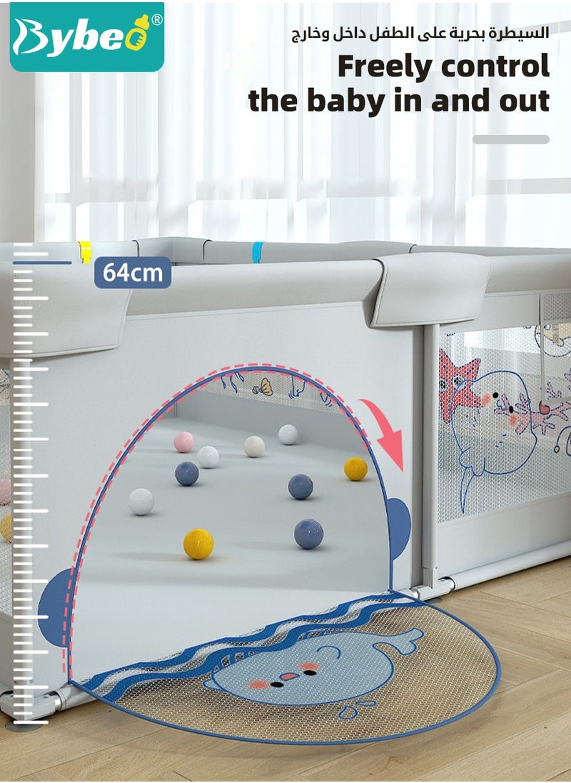 Baby Playpen Fence, Portable Babies Playards for Toddlers, Safety Infant Activity Center,  Sturdy Play Area, with 2 Pull Rings, 60 Marine Balls and Storage Bag, 150x180cm