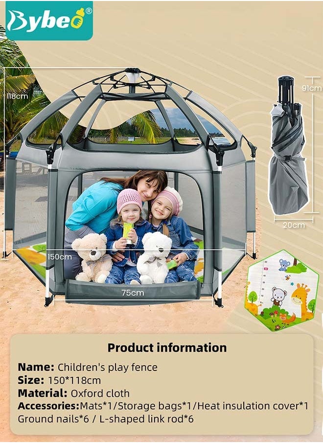 Baby Playpen Fence with Playmat u0026 Canopy, Folding Playard for Toddler, Collapsible Camping Tent for Adults and Children Kids Activity Center, Outdoor Infant Play Tents with Travel Bag and Safety