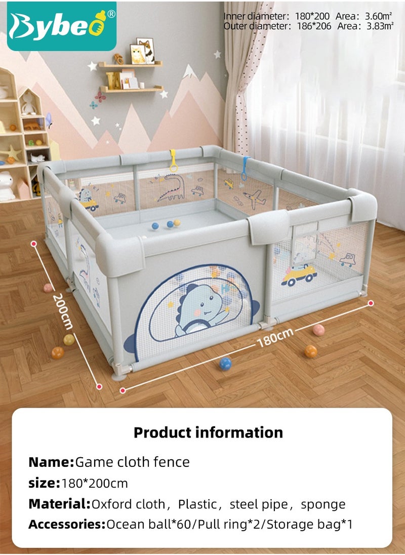 Baby Playpen Fence, Portable Babies Playards for Toddlers, Safety Infant Activity Center,  Sturdy Play Area, with 2 Pull Rings, 60 Marine Balls and Storage Bag, 180x200cm