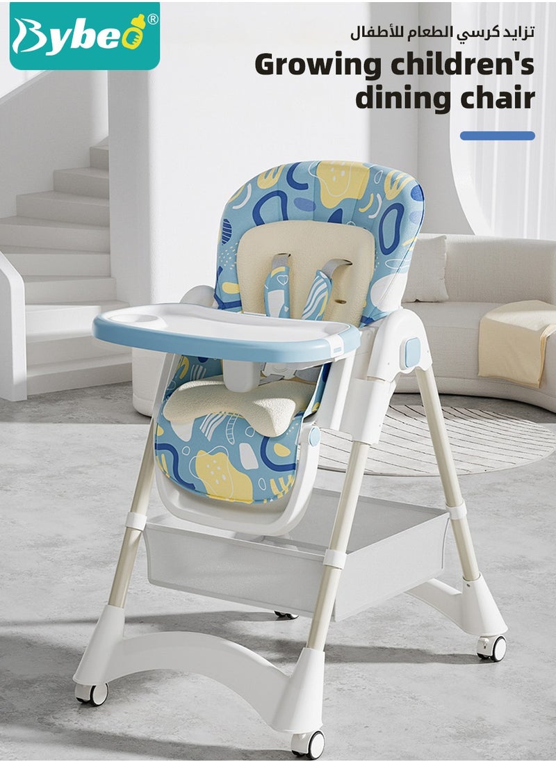 Baby High Chair, Foldable Children Dining Chairs for Eating With Wheels, Multifunctional Toddler Feeding Chair with Double Removable Tray, Adjustable Back and Footrest, Storage Pocket