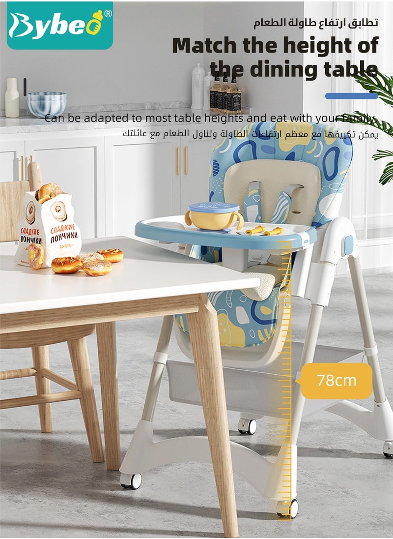 Baby High Chair, Foldable Children Dining Chairs for Eating With Wheels, Multifunctional Toddler Feeding Chair with Double Removable Tray, Adjustable Back and Footrest, Storage Pocket