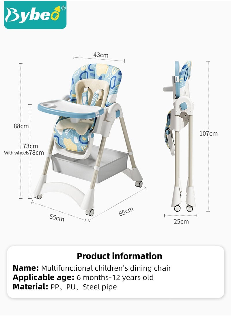 Baby High Chair, Foldable Children Dining Chairs for Eating With Wheels, Multifunctional Toddler Feeding Chair with Double Removable Tray, Adjustable Back and Footrest, Storage Pocket