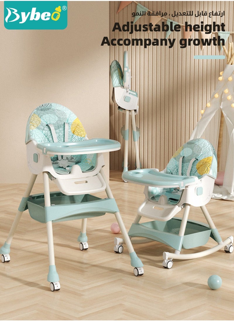 Baby High Chair for Toddlers, Foldable Children Highchairs, Kids Dining Chair, Infant Feeding Booster Seat, Babies Rocker with Footrest, Backrest, 4 Wheels and Removable Tray