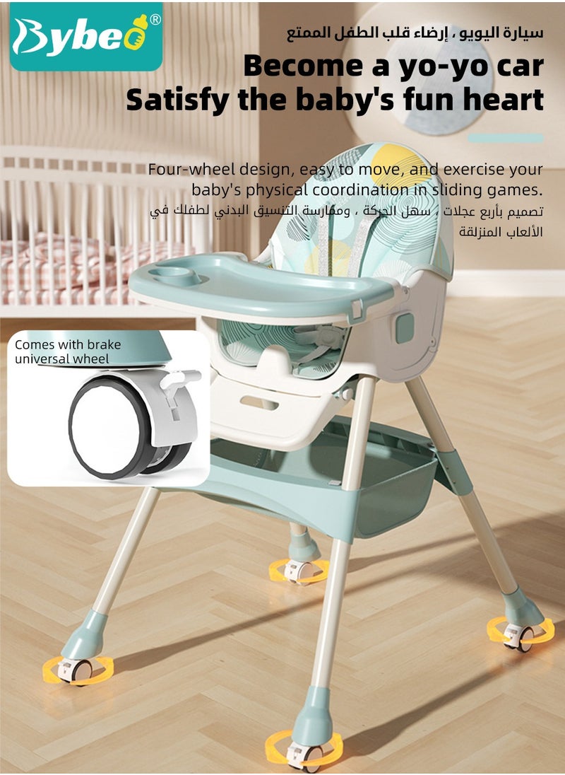 Baby High Chair for Toddlers, Foldable Children Highchairs, Kids Dining Chair, Infant Feeding Booster Seat, Babies Rocker with Footrest, Backrest, 4 Wheels and Removable Tray