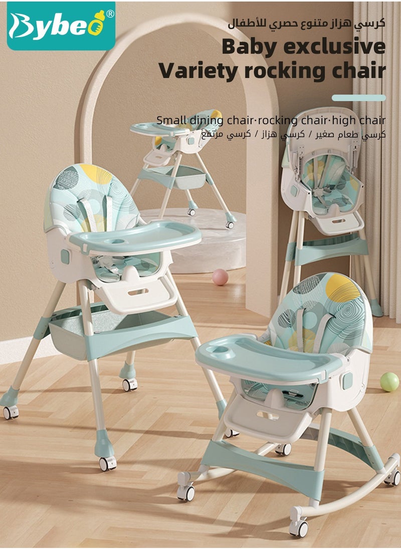 Baby High Chair for Toddlers, Foldable Children Highchairs, Kids Dining Chair, Infant Feeding Booster Seat, Babies Rocker with Footrest, Backrest, 4 Wheels and Removable Tray