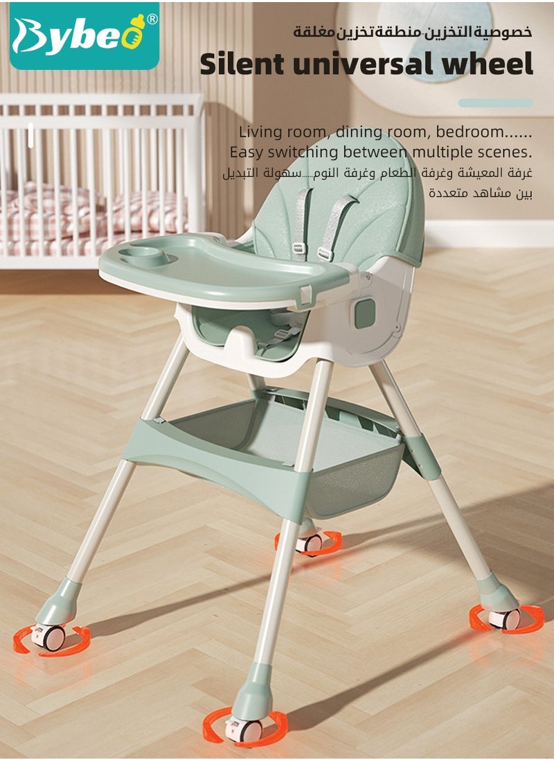 6 in 1 Baby High Chair for Toddlers, Foldable Babies Feeding Chairs, Multifunction Children's Dining Chair for Eating with Double Removable Tray and 4 Wheels and Footrest