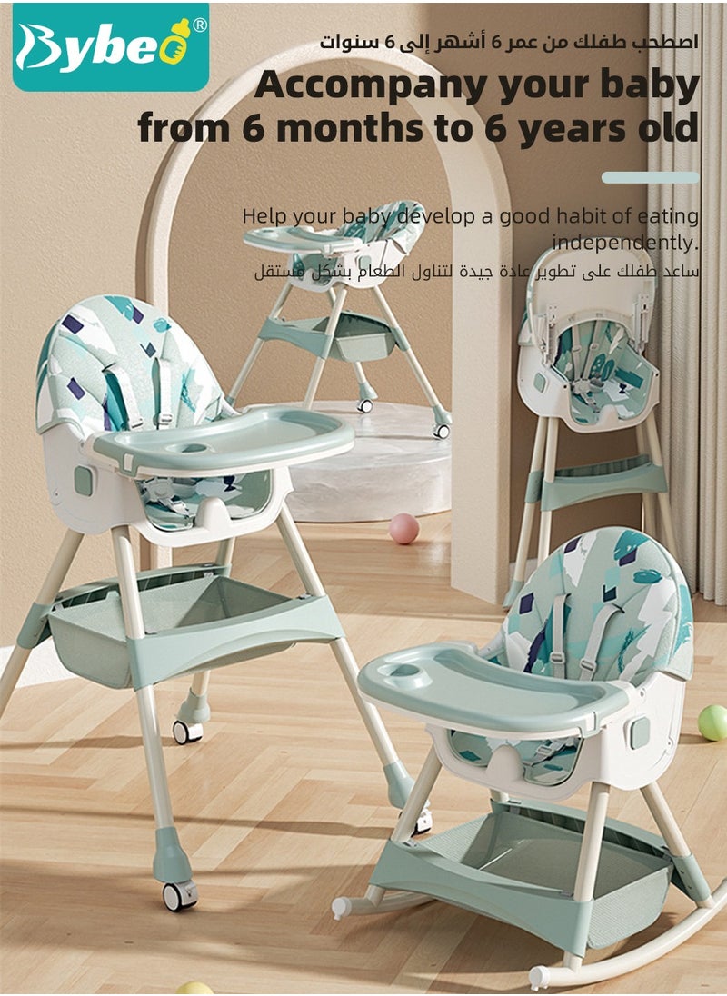 6 in 1 Baby High Chair for Toddlers, Foldable Babies Feeding Chairs, Multifunction Children's Dining Chair for Eating with Double Removable Tray and 4 Wheels and Footrest