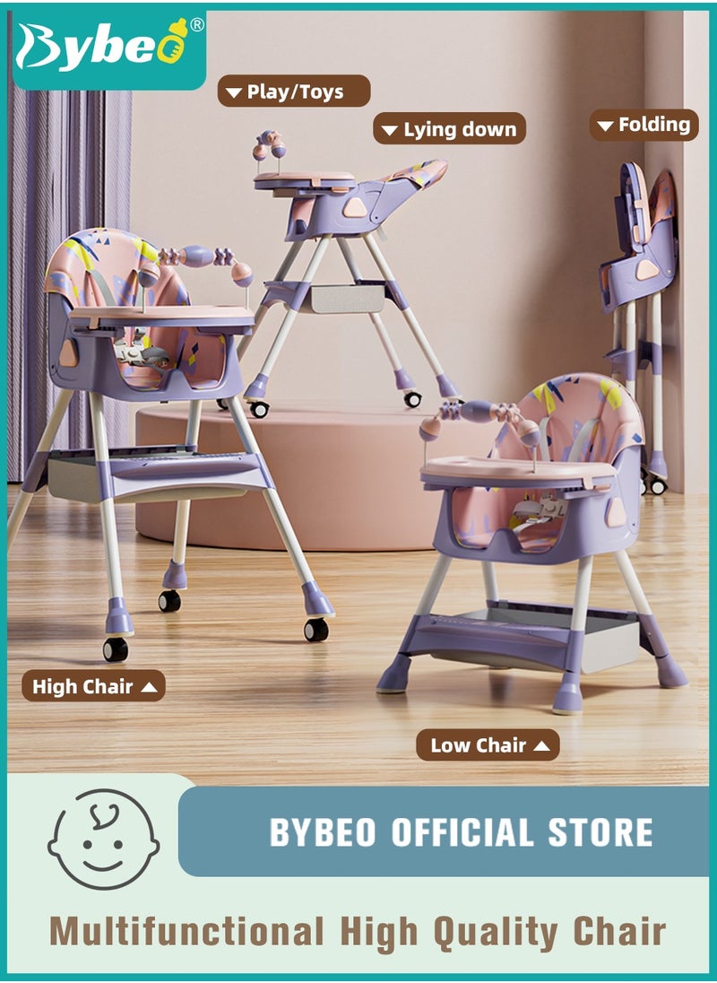 Baby High Chair for Toddlers, Foldable Children Highchairs, Dining Booster Seats with Adjustable Seat Height u0026 Backrest, 4 Wheels and Removable Tray