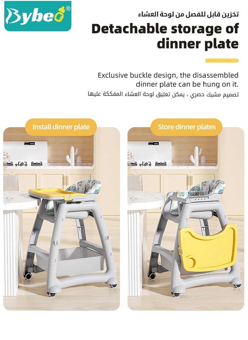 Baby High Chair for Toddlers, Children Dining Chairs for Eating With Wheels, Multifunctional Toddler Feeding Chair with Double Removable Tray And Storage Pocket