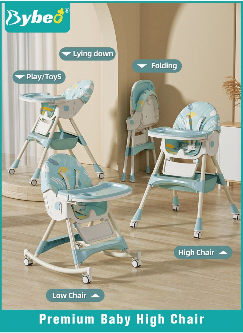 Baby High Chair for Toddlers, Foldable Children Highchairs, Kids Dining Chair, Infant Feeding Booster Seat, Babies Rocker with Footrest, Backrest, 4 Wheels and Removable Tray