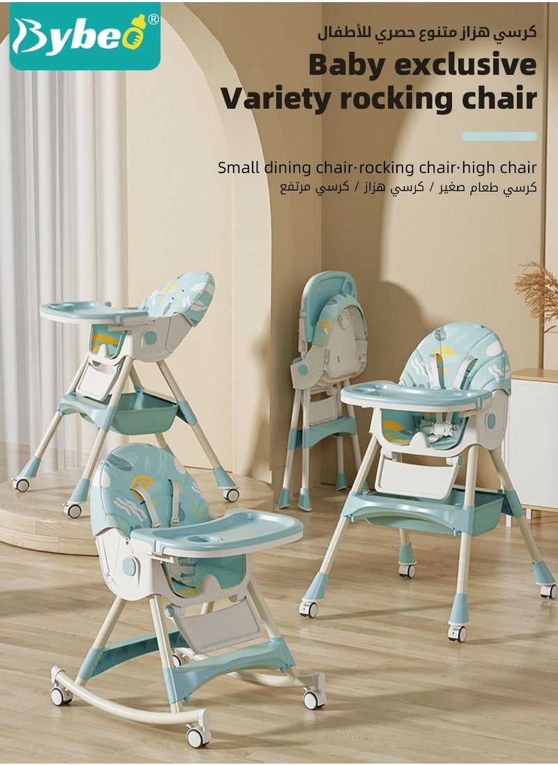 Baby High Chair for Toddlers, Foldable Children Highchairs, Kids Dining Chair, Infant Feeding Booster Seat, Babies Rocker with Footrest, Backrest, 4 Wheels and Removable Tray