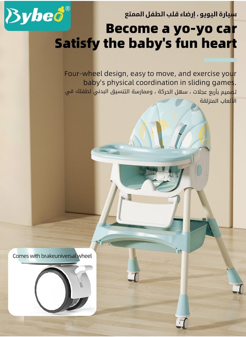 Baby High Chair for Toddlers, Foldable Children Highchairs, Kids Dining Chair, Infant Feeding Booster Seat, Babies Rocker with Footrest, Backrest, 4 Wheels and Removable Tray