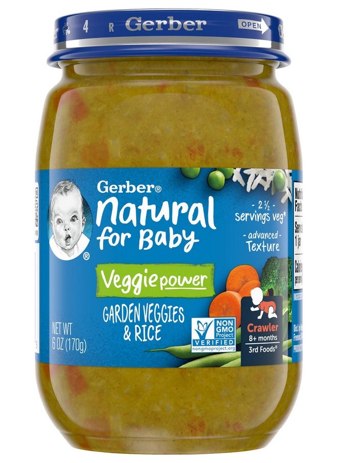 Gerber Natural for Baby 3rd Foods Veggie Power Baby Food Jar, Garden Veggies & Rice, Non GMO Pureed Baby Food with Advanced Texture for Crawlers, 6 oz (Pack of 12)